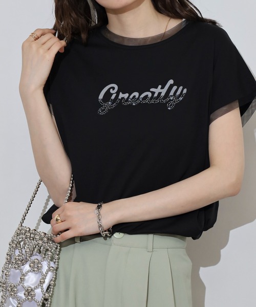 EGLANTINE（エグランティーヌ）の「EGLANTINE ビーズロゴ フレンチスリーブカットソー（Tシャツ/カットソー・レディース・ネイビー×ホワイト/ホワイト×ブラック/ブラック/オフホワイト/シルバーグレー・40）」の4枚目の写真