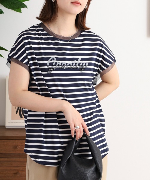 EGLANTINE（エグランティーヌ）の「EGLANTINE ビーズロゴ フレンチスリーブカットソー（Tシャツ/カットソー・レディース・ネイビー×ホワイト/ホワイト×ブラック/ブラック/オフホワイト/シルバーグレー・40）」の18枚目の写真