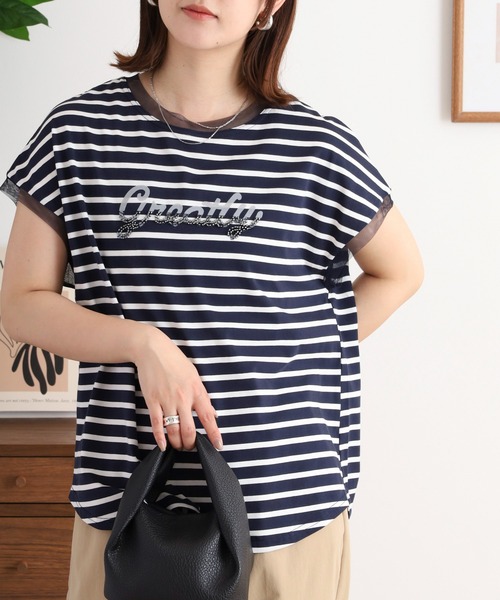 EGLANTINE（エグランティーヌ）の「EGLANTINE ビーズロゴ フレンチスリーブカットソー（Tシャツ/カットソー・レディース・ネイビー×ホワイト/ホワイト×ブラック/ブラック/オフホワイト/シルバーグレー・40）」の19枚目の写真