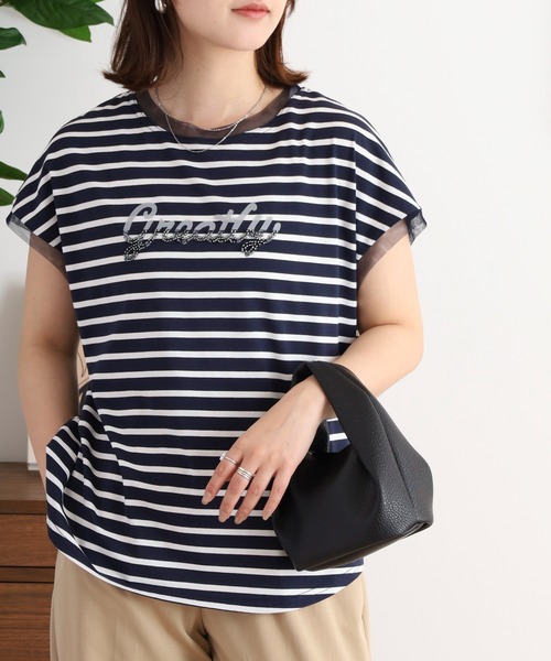 EGLANTINE（エグランティーヌ）の「EGLANTINE ビーズロゴ フレンチスリーブカットソー（Tシャツ/カットソー・レディース・ネイビー×ホワイト/ホワイト×ブラック/ブラック/オフホワイト/シルバーグレー・40）」の20枚目の写真