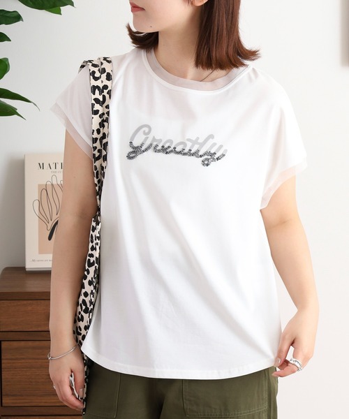 EGLANTINE（エグランティーヌ）の「EGLANTINE ビーズロゴ フレンチスリーブカットソー（Tシャツ/カットソー・レディース・ネイビー×ホワイト/ホワイト×ブラック/ブラック/オフホワイト/シルバーグレー・40）」の6枚目の写真