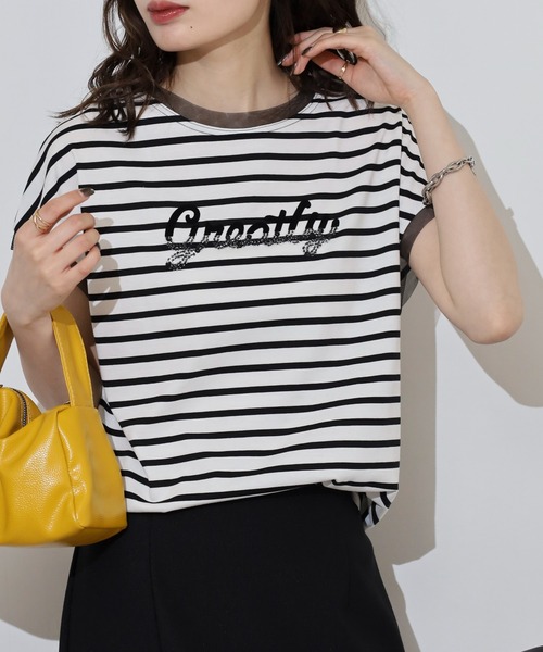 EGLANTINE（エグランティーヌ）の「EGLANTINE ビーズロゴ フレンチスリーブカットソー（Tシャツ/カットソー・レディース・ネイビー×ホワイト/ホワイト×ブラック/ブラック/オフホワイト/シルバーグレー・40）」の10枚目の写真
