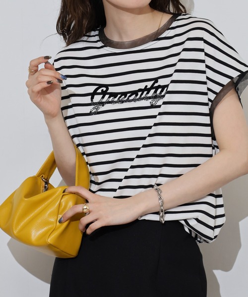 EGLANTINE（エグランティーヌ）の「EGLANTINE ビーズロゴ フレンチスリーブカットソー（Tシャツ/カットソー・レディース・ネイビー×ホワイト/ホワイト×ブラック/ブラック/オフホワイト/シルバーグレー・40）」の11枚目の写真