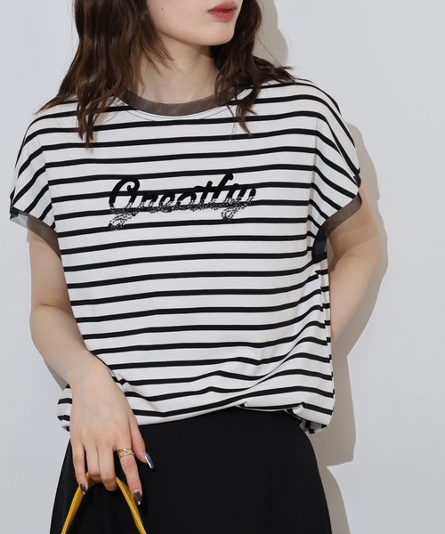 EGLANTINE（エグランティーヌ）の「EGLANTINE ビーズロゴ フレンチスリーブカットソー（Tシャツ/カットソー・レディース・ネイビー×ホワイト/ホワイト×ブラック/ブラック/オフホワイト/シルバーグレー・40）」の12枚目の写真