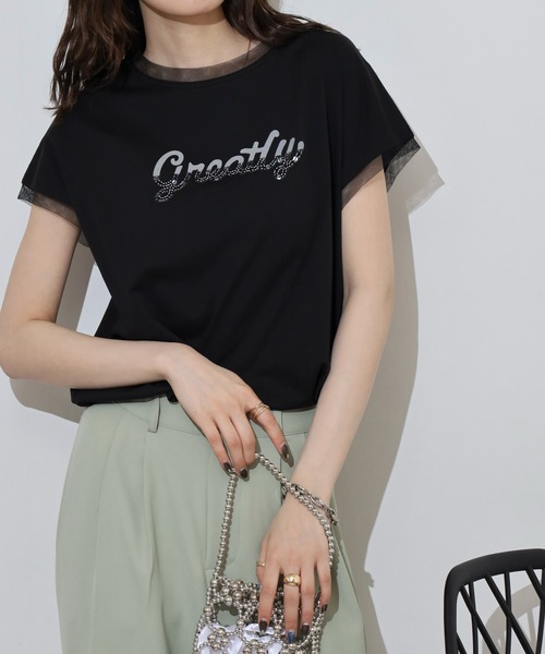 EGLANTINE（エグランティーヌ）の「EGLANTINE ビーズロゴ フレンチスリーブカットソー（Tシャツ/カットソー・レディース・ネイビー×ホワイト/ホワイト×ブラック/ブラック/オフホワイト/シルバーグレー・40）」の15枚目の写真
