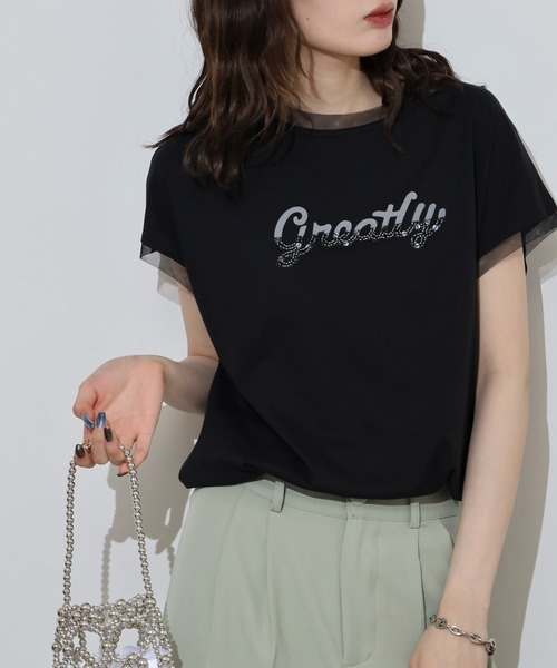 EGLANTINE（エグランティーヌ）の「EGLANTINE ビーズロゴ フレンチスリーブカットソー（Tシャツ/カットソー・レディース・ネイビー×ホワイト/ホワイト×ブラック/ブラック/オフホワイト/シルバーグレー・40）」の16枚目の写真