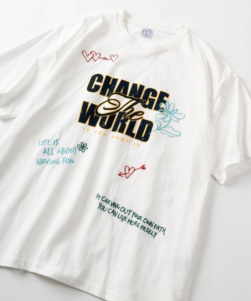 make a ray!（メイク ア レイ！）の「【84】ハートワンポイントロゴ メッセージ刺繍 半袖Tシャツ/メンズ/レディース（Tシャツ/カットソー・メンズ・ホワイト/ライトグリーン/ホワイト系その他/イエロー/ネイビー/ブラック・M/L）」の2枚目の写真