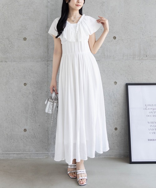 CLEAR BASIC（クリアベーシック）の「【低身長サイズ有】フリルスリーブウエスト切替ワンピース[着回し抜群 大人 カジュアル]≪SS新作≫（ワンピース・レディース・ブラック/オフホワイト・F/XS）」の2枚目の写真