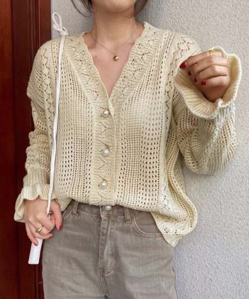 Miniministore（ミニミニストア）の「透かし編みニットカーディガンパールボタン（カーディガン/ボレロ・レディース・グリーン/ベージュ/オフホワイト/レッド/ブラック・FREE）」の12枚目の写真