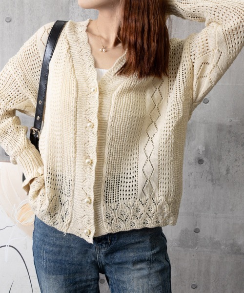 Miniministore（ミニミニストア）の「透かし編みニットカーディガンパールボタン（カーディガン/ボレロ・レディース・グリーン/ベージュ/オフホワイト/レッド/ブラック・FREE）」の20枚目の写真