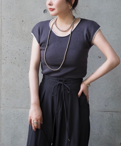 LAULEN(ローレン)の「bicolor french sleeve rib knit /配色パイピングリブニットトップス(ニット/セーター・レディース・ミント/イエロー/ホワイト/チャコールグレー・FREE)」の1枚目の写真