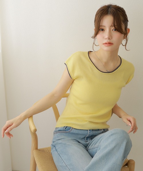 LAULEN(ローレン)の「bicolor french sleeve rib knit /配色パイピングリブニットトップス(ニット/セーター・レディース・ミント/イエロー/ホワイト/チャコールグレー・FREE)」の4枚目の写真