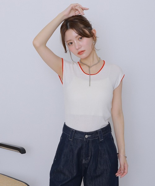 LAULEN(ローレン)の「bicolor french sleeve rib knit /配色パイピングリブニットトップス(ニット/セーター・レディース・ミント/イエロー/ホワイト/チャコールグレー・FREE)」の5枚目の写真