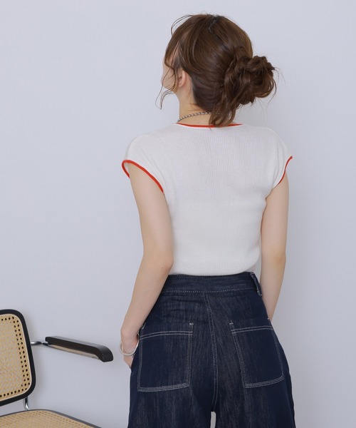 LAULEN(ローレン)の「bicolor french sleeve rib knit /配色パイピングリブニットトップス(ニット/セーター・レディース・ミント/イエロー/ホワイト/チャコールグレー・FREE)」の7枚目の写真