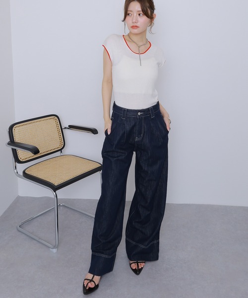 LAULEN(ローレン)の「bicolor french sleeve rib knit /配色パイピングリブニットトップス(ニット/セーター・レディース・ミント/イエロー/ホワイト/チャコールグレー・FREE)」の8枚目の写真
