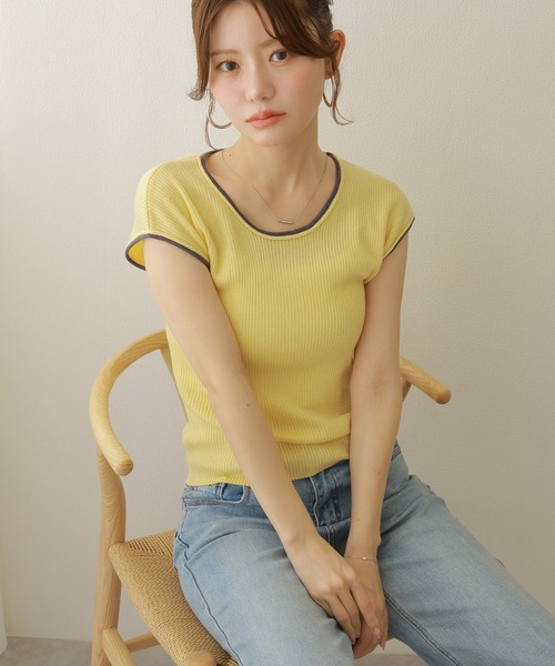 LAULEN(ローレン)の「bicolor french sleeve rib knit /配色パイピングリブニットトップス(ニット/セーター・レディース・ミント/イエロー/ホワイト/チャコールグレー・FREE)」の9枚目の写真