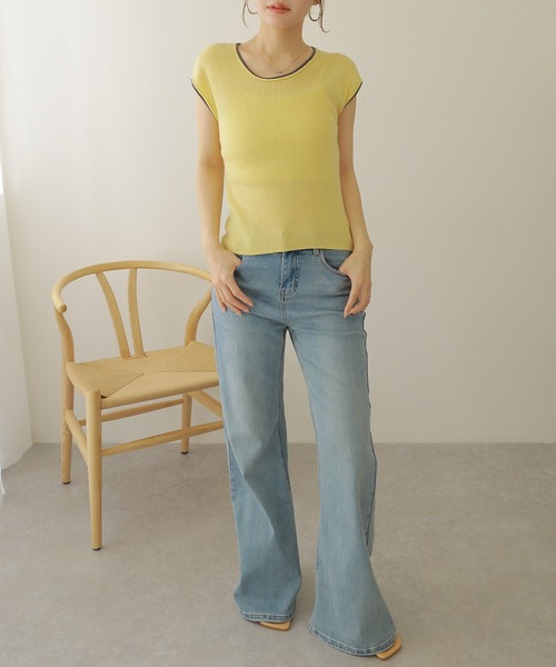 LAULEN(ローレン)の「bicolor french sleeve rib knit /配色パイピングリブニットトップス(ニット/セーター・レディース・ミント/イエロー/ホワイト/チャコールグレー・FREE)」の11枚目の写真