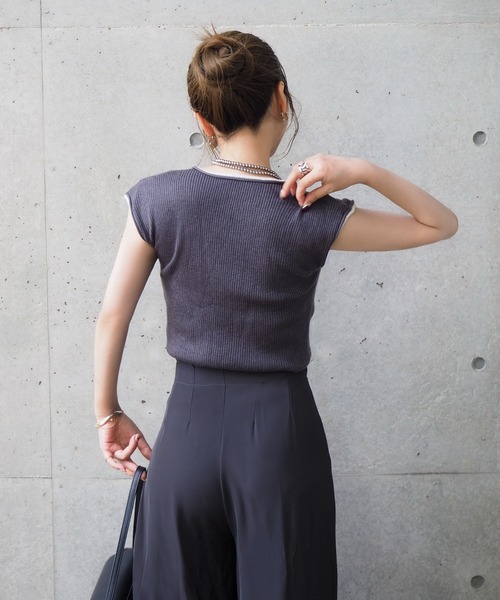 LAULEN(ローレン)の「bicolor french sleeve rib knit /配色パイピングリブニットトップス(ニット/セーター・レディース・ミント/イエロー/ホワイト/チャコールグレー・FREE)」の12枚目の写真
