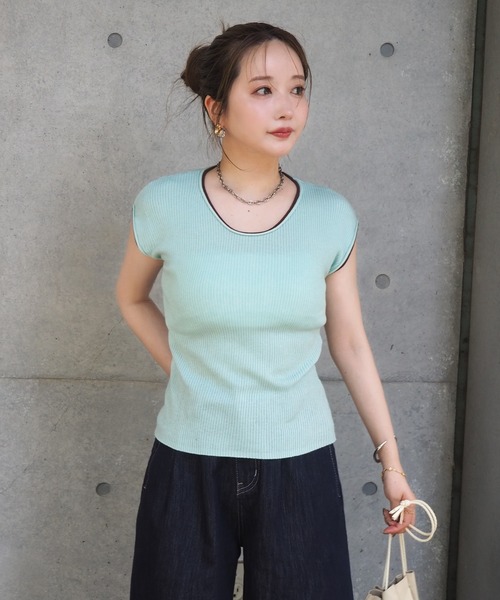 LAULEN(ローレン)の「bicolor french sleeve rib knit /配色パイピングリブニットトップス(ニット/セーター・レディース・ミント/イエロー/ホワイト/チャコールグレー・FREE)」の14枚目の写真