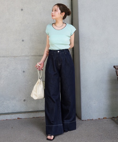 LAULEN(ローレン)の「bicolor french sleeve rib knit /配色パイピングリブニットトップス(ニット/セーター・レディース・ミント/イエロー/ホワイト/チャコールグレー・FREE)」の15枚目の写真