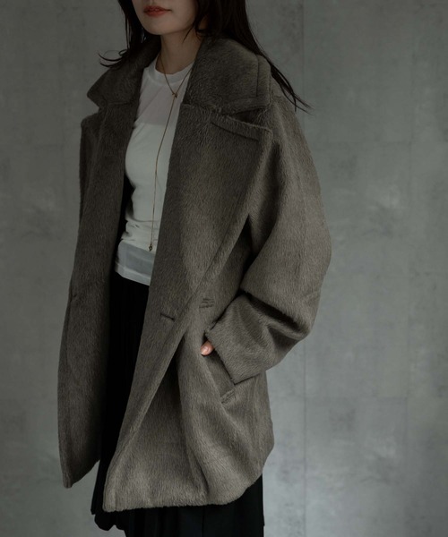UNISEX》Sheep Leather Melton Combination Pea Coat/シープレザー