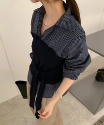 【春コーデ】2Way 韓国っぽチェック柄レイヤード風トップス