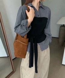 【春コーデ】２Way 韓国っぽチェック柄レイヤード風トップス