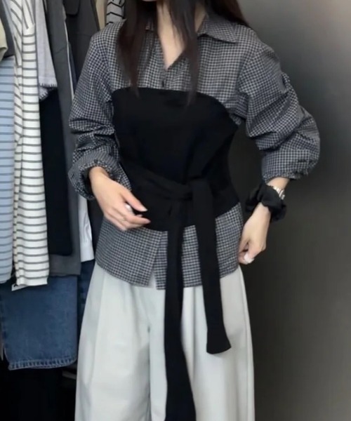DIAVEL(ディアベル)の「【春コーデ】2Way 韓国っぽチェック柄レイヤード風トップス(Tシャツ/カットソー・レディース・グレー/ネイビー・M)」の5枚目の写真