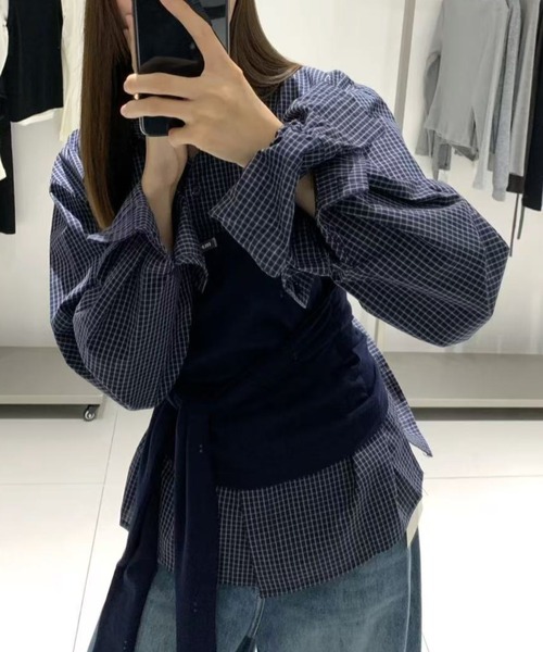DIAVEL(ディアベル)の「【春コーデ】2Way 韓国っぽチェック柄レイヤード風トップス(Tシャツ/カットソー・レディース・グレー/ネイビー・M)」の9枚目の写真
