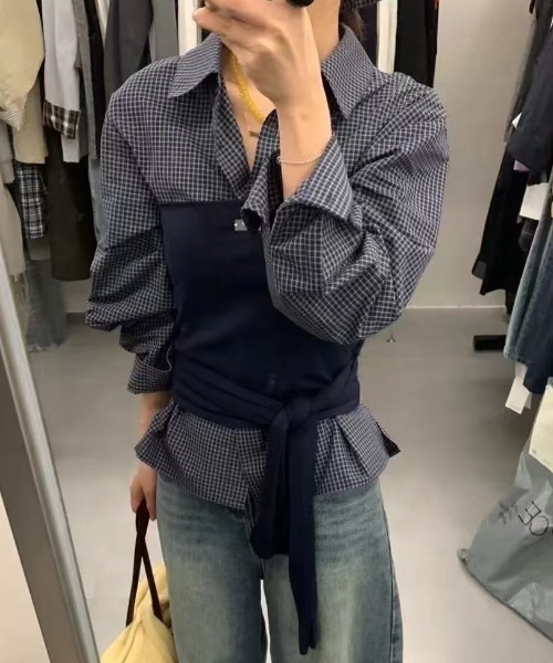 DIAVEL(ディアベル)の「【春コーデ】2Way 韓国っぽチェック柄レイヤード風トップス(Tシャツ/カットソー・レディース・グレー/ネイビー・M)」の8枚目の写真