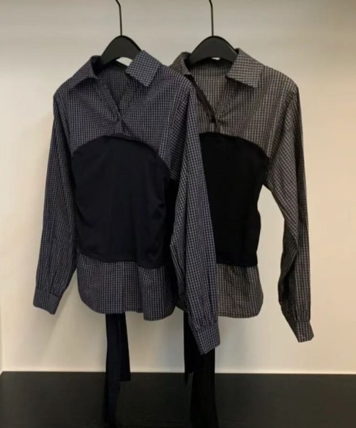 DIAVEL(ディアベル)の「【春コーデ】2Way 韓国っぽチェック柄レイヤード風トップス(Tシャツ/カットソー・レディース・グレー/ネイビー・M)」の3枚目の写真