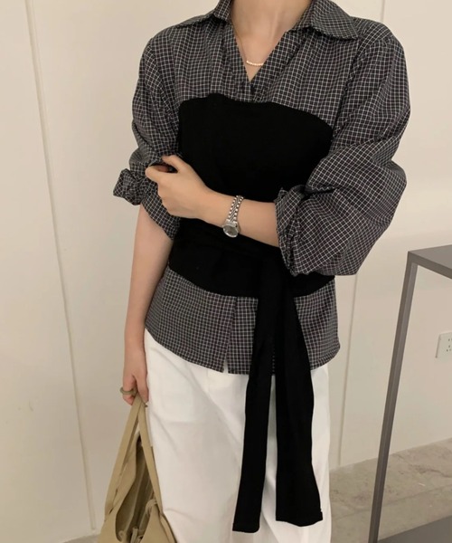 DIAVEL(ディアベル)の「【春コーデ】2Way 韓国っぽチェック柄レイヤード風トップス(Tシャツ/カットソー・レディース・グレー/ネイビー・M)」の4枚目の写真