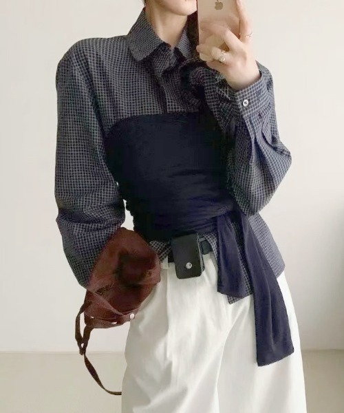DIAVEL(ディアベル)の「【春コーデ】2Way 韓国っぽチェック柄レイヤード風トップス(Tシャツ/カットソー・レディース・グレー/ネイビー・M)」の6枚目の写真