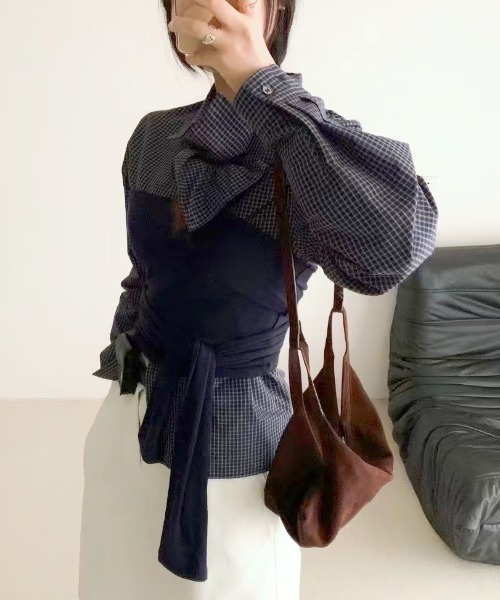 DIAVEL(ディアベル)の「【春コーデ】2Way 韓国っぽチェック柄レイヤード風トップス(Tシャツ/カットソー・レディース・グレー/ネイビー・M)」の7枚目の写真