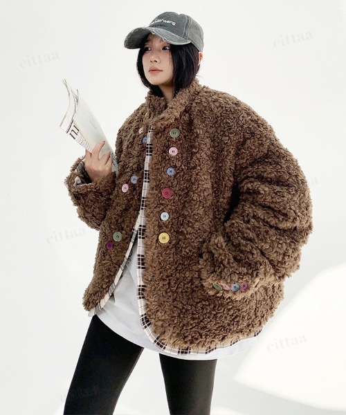 Dalfwin(ダールフィン)の「韓国ファッション ランダムボタンチェックラインプードルコート(その他アウター・レディース・ダークブラウン・FREE)」の3枚目の写真