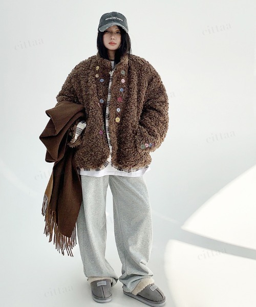 Dalfwin(ダールフィン)の「韓国ファッション ランダムボタンチェックラインプードルコート(その他アウター・レディース・ダークブラウン・FREE)」の10枚目の写真