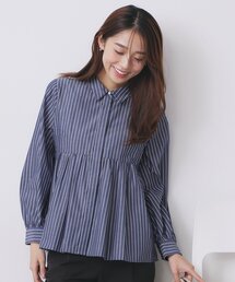 ラメストライプ衿付きペプラムブラウス【洗濯機OK/イージーアイロン/防シワ】《6col》