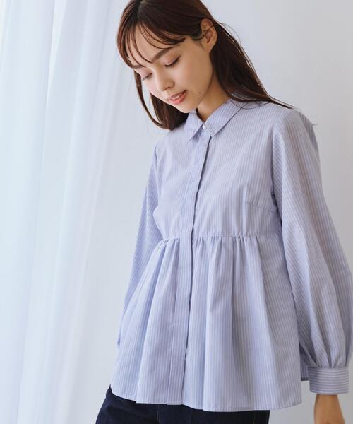 セール】ラメストライプ衿付きペプラムブラウス【洗濯機OK/イージー