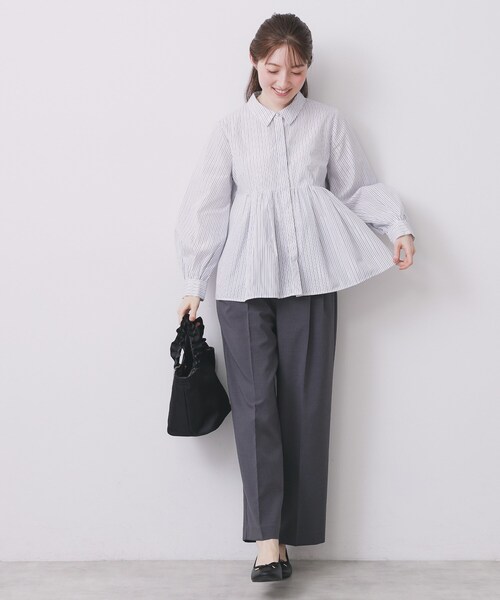 index（インデックス）の「ラメストライプ衿付きペプラムブラウス【洗濯機OK/イージーアイロン/防シワ】《6col》（シャツ/ブラウス・レディース・オフホワイト/ネイビー系5/ブラウン系その他3/サックスブルー系2/ホワイト系9/グリーン系3・40/42/38/36）」の12枚目の写真