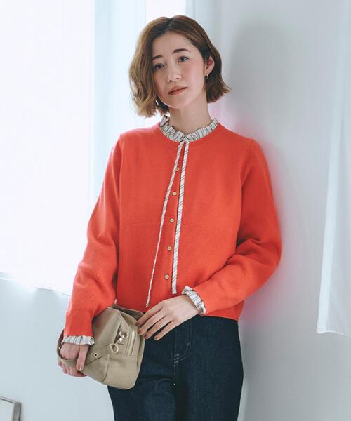 grove(グローブ)の「【毛玉軽減/洗える】編地切替カーディガン(カーディガン/ボレロ・レディース・ブラック/カーキ/オフホワイト/ライトグレー系9/オレンジ・02/03/01/04/05)」の1枚目の写真