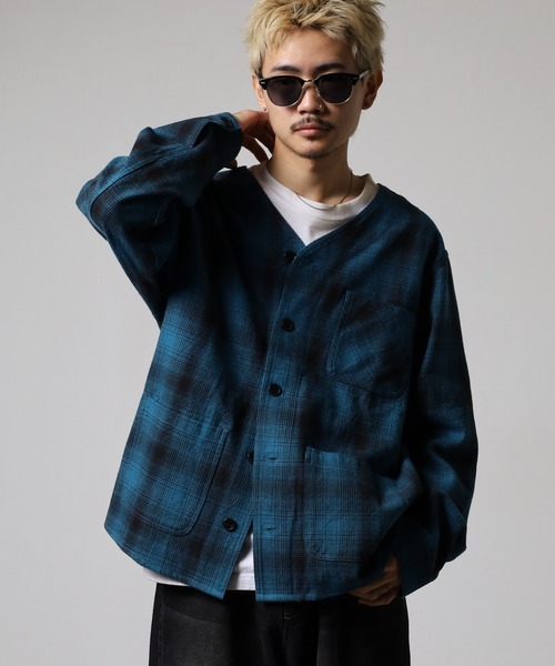 BIG MIKE（ビッグマイク）の「BIG MIKE Heavy Flannel Cardigan ヘビーフランネル オンブレチェック長袖カーディガン（カーディガン/ボレロ・メンズ・ブラック×ブルー・XL/L/M）」の4枚目の写真