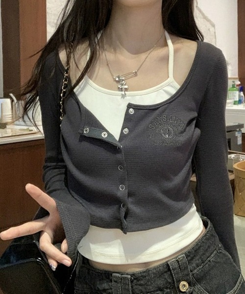 HALEY PESCA(ヘーリーペスカ)の「HALEY PESCA/レイヤード風デザイン バイカラーカーディガントップス(Tシャツ/カットソー・レディース・ライトグレー/ダークグレー・SMALL/MEDIUM)」の2枚目の写真