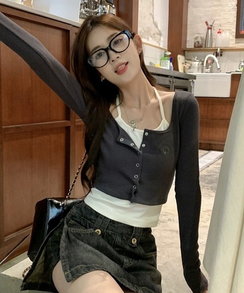 HALEY PESCA(ヘーリーペスカ)の「HALEY PESCA/レイヤード風デザイン バイカラーカーディガントップス(Tシャツ/カットソー・レディース・ライトグレー/ダークグレー・SMALL/MEDIUM)」の3枚目の写真