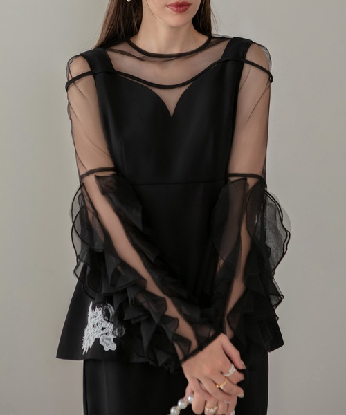 LEJA】シアースリーブフリルペプラムタイトスカートセットアップドレス