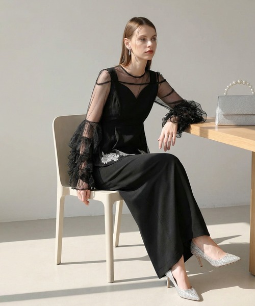 LEJA】シアースリーブフリルペプラムタイトスカートセットアップドレス