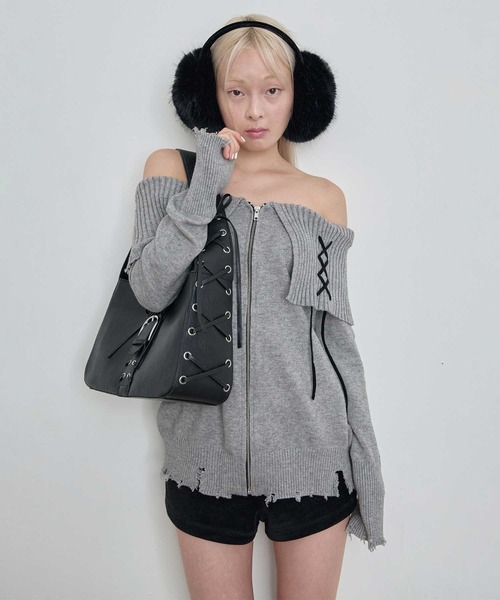 Heart Tattoo(ハートタトゥー)の「lace up shoulder bag / レースアップショルダーバッグ(ハンドバッグ・レディース・シルバー/ブラック・FREE)」の12枚目の写真