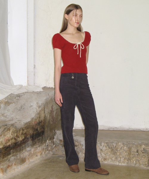 ルセラフィム ホンウンチェ着用】 PUFF HALF KNIT TOP (RED)（ニット