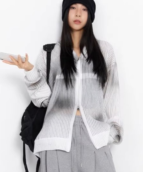 ARULE(アルール)の「A'GEM/9 × .kom 『ARULE/アルール』Mesh Knit Zip Hoodie /メッシュニットジップフーディ―(パーカー・レディース・ブラウン/アイボリー/ブラック・FREE)」の4枚目の写真
