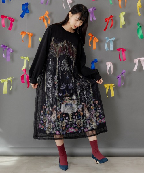 ScoLar（スカラー）の「553292：ガーデンティーパーティ柄 布帛×チュールレースワンピース（ワンピース・レディース・ブラック/アイボリー・M）」の3枚目の写真