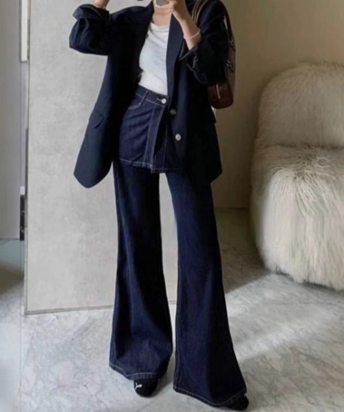 Teem Store（チームストア）の「【再入荷】【動画あり】スカートレイヤード風ハイウエストフレアデニムパンツ 美脚効果（デニムパンツ・レディース・インディゴブルー・M/L）」の4枚目の写真